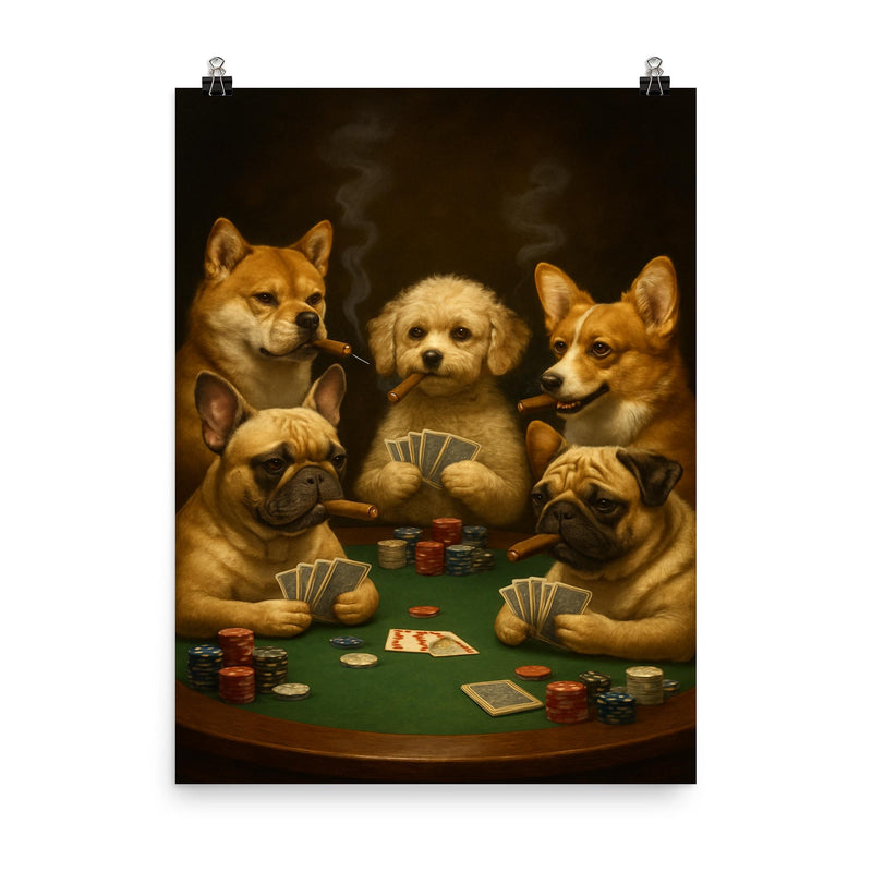 Shiba Ina French Bulldog Maltipoo Corgi and Pug playing poker while smoking cigars poster on a plain backdrop in size 8
