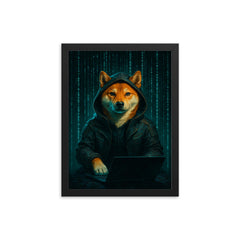 Shiba Inu cyberpunk hacker surrounded by cascading code framed print on a plain backdrop in size 12"x16".