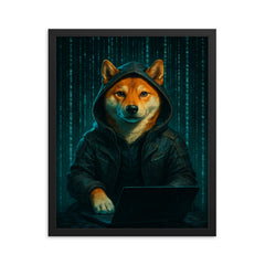 Shiba Inu cyberpunk hacker surrounded by cascading code framed print on a plain backdrop in size 16"x20".