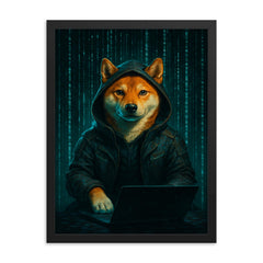 Shiba Inu cyberpunk hacker surrounded by cascading code framed print on a plain backdrop in size 18"x24".