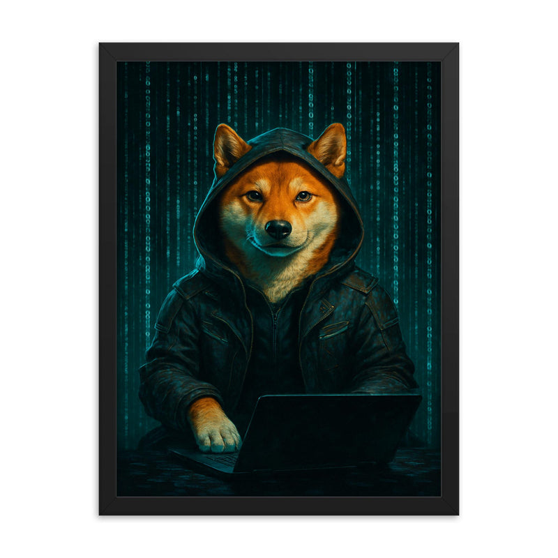 Shiba Inu cyberpunk hacker surrounded by cascading code framed print on a plain backdrop in size 18