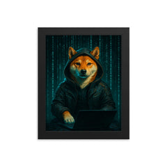 Shiba Inu cyberpunk hacker surrounded by cascading code framed print on a plain backdrop in size 8"x10".