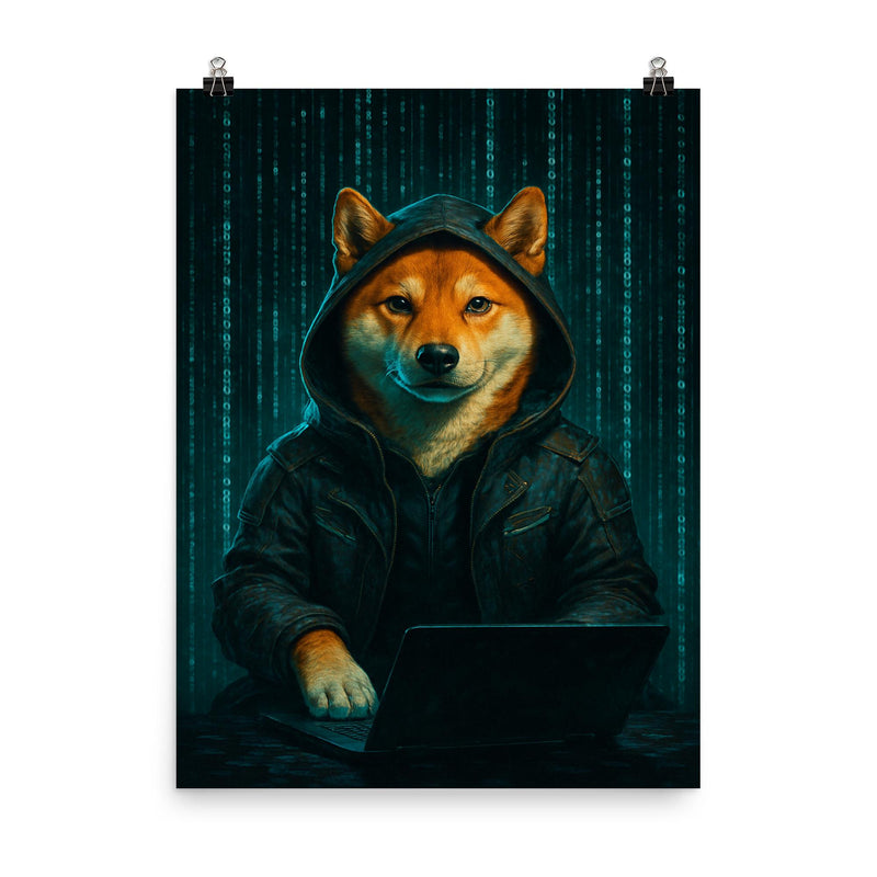 Shiba Inu cyberpunk hacker surrounded by cascading code poster on a plain backdrop in size 8