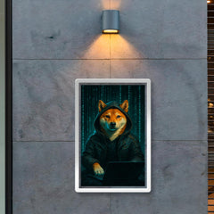 Shiba Inu cyberpunk hacker surrounded by cascading code poster 2