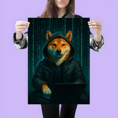 Shiba Inu cyberpunk hacker surrounded by cascading code poster 3