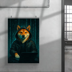 Shiba Inu cyberpunk hacker surrounded by cascading code poster 4
