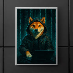 Shiba Inu cyberpunk hacker surrounded by cascading code poster 5