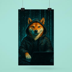 Shiba Inu cyberpunk hacker surrounded by cascading code poster 6