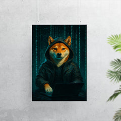 Shiba Inu cyberpunk hacker surrounded by cascading code poster 7