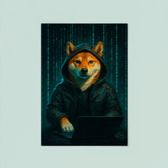 Shiba Inu cyberpunk hacker surrounded by cascading code poster 8