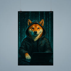Shiba Inu cyberpunk hacker surrounded by cascading code poster 9