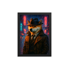 Shiba Inu hard boiled detective in trench coat beneath neon rain framed print on a plain backdrop in size 12"x16".