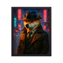 Shiba Inu hard boiled detective in trench coat beneath neon rain framed print on a plain backdrop in size 16"x20".