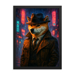 Shiba Inu hard boiled detective in trench coat beneath neon rain framed print on a plain backdrop in size 18"x24".