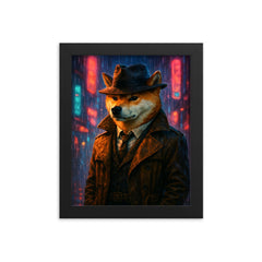 Shiba Inu hard boiled detective in trench coat beneath neon rain framed print on a plain backdrop in size 8"x10".