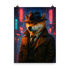 Shiba Inu hard boiled detective in trench coat beneath neon rain poster on a plain backdrop in size 8"x10".