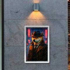 Shiba Inu hard boiled detective in trench coat beneath neon rain poster 2