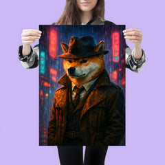 Shiba Inu hard boiled detective in trench coat beneath neon rain poster 3