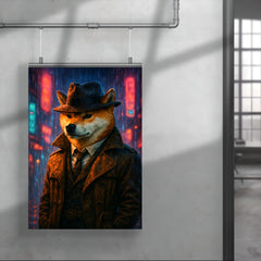 Shiba Inu hard boiled detective in trench coat beneath neon rain poster 4