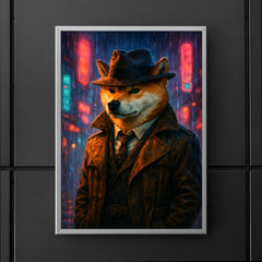 Shiba Inu hard boiled detective in trench coat beneath neon rain poster 5