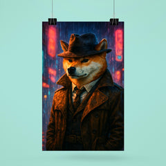 Shiba Inu hard boiled detective in trench coat beneath neon rain poster 6