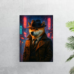 Shiba Inu hard boiled detective in trench coat beneath neon rain poster 7