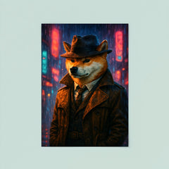 Shiba Inu hard boiled detective in trench coat beneath neon rain poster 8