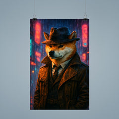 Shiba Inu hard boiled detective in trench coat beneath neon rain poster 9