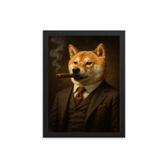 Shiba Inu smoking a cigar in a tailored three piece suit and monocle framed print on a plain backdrop in size 12"x16".