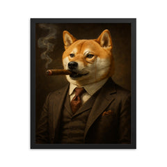 Shiba Inu smoking a cigar in a tailored three piece suit and monocle framed print on a plain backdrop in size 16"x20".