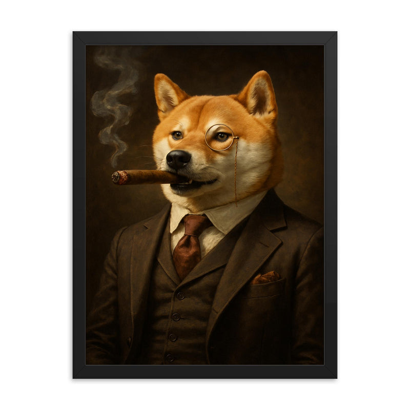 Shiba Inu smoking a cigar in a tailored three piece suit and monocle framed print on a plain backdrop in size 18