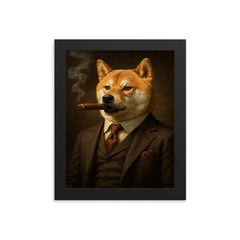 Shiba Inu smoking a cigar in a tailored three piece suit and monocle framed print on a plain backdrop in size 8"x10".