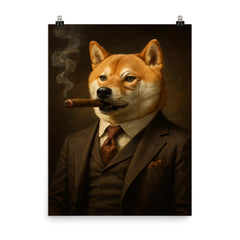 Shiba Inu smoking a cigar in a tailored three piece suit and monocle poster on a plain backdrop in size 8"x10".
