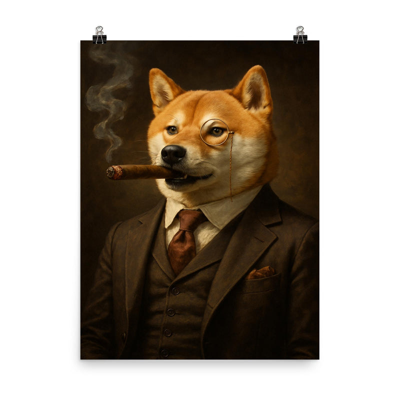 Shiba Inu smoking a cigar in a tailored three piece suit and monocle poster on a plain backdrop in size 8