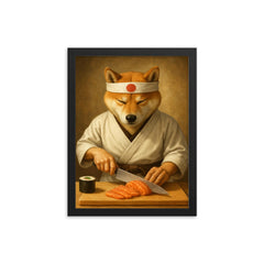 Shiba Inu sushi chef slicing sashimi with zen focus framed print on a plain backdrop in size 12"x16".