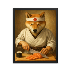 Shiba Inu sushi chef slicing sashimi with zen focus framed print on a plain backdrop in size 16"x20".