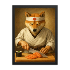 Shiba Inu sushi chef slicing sashimi with zen focus framed print on a plain backdrop in size 18"x24".