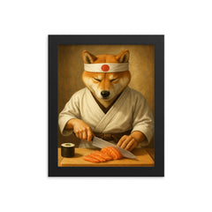 Shiba Inu sushi chef slicing sashimi with zen focus framed print on a plain backdrop in size 8"x10".