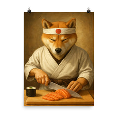Shiba Inu sushi chef slicing sashimi with zen focus poster on a plain backdrop in size 8"x10".