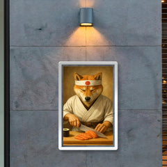 Shiba Inu sushi chef slicing sashimi with zen focus poster 2