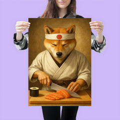 Shiba Inu sushi chef slicing sashimi with zen focus poster 3