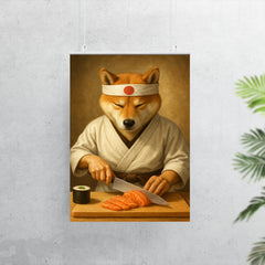Shiba Inu sushi chef slicing sashimi with zen focus poster 7
