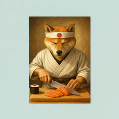 Shiba Inu sushi chef slicing sashimi with zen focus poster 8