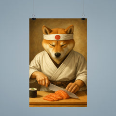 Shiba Inu sushi chef slicing sashimi with zen focus poster 9