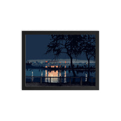 Shinobazu Pond at Night by Kawase Hasui, 1932 framed print on a plain backdrop in size 12"x16".