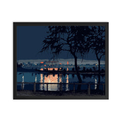 Shinobazu Pond at Night by Kawase Hasui, 1932 framed print on a plain backdrop in size 16"x20".