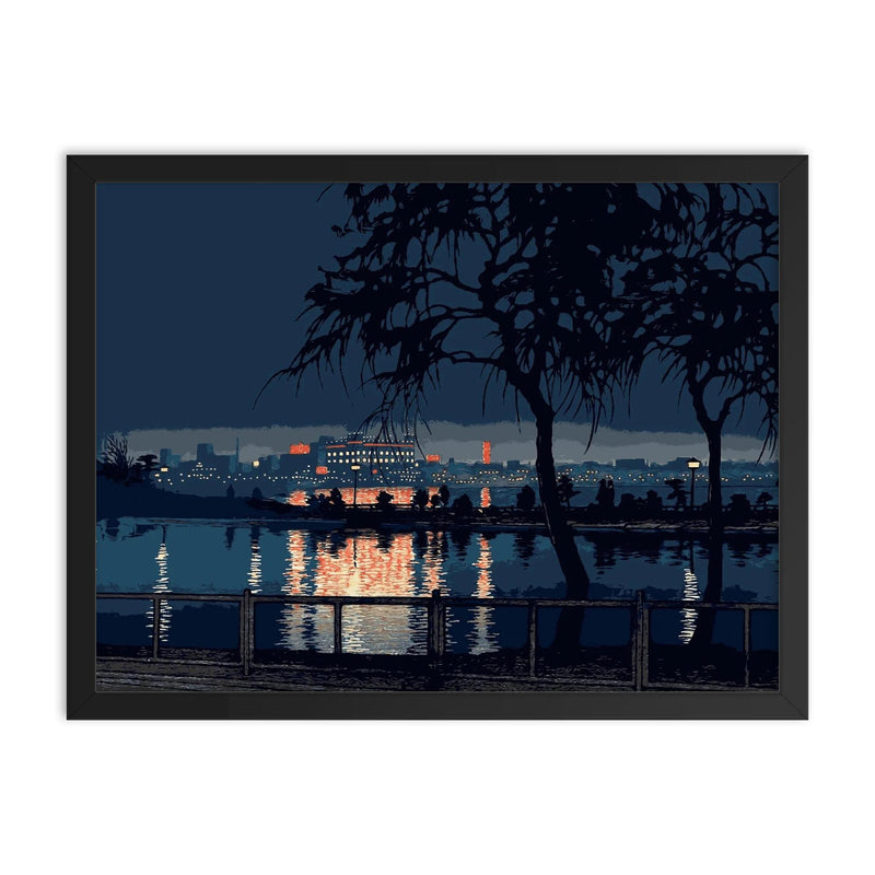 Shinobazu Pond at Night by Kawase Hasui, 1932 framed print on a plain backdrop in size 18