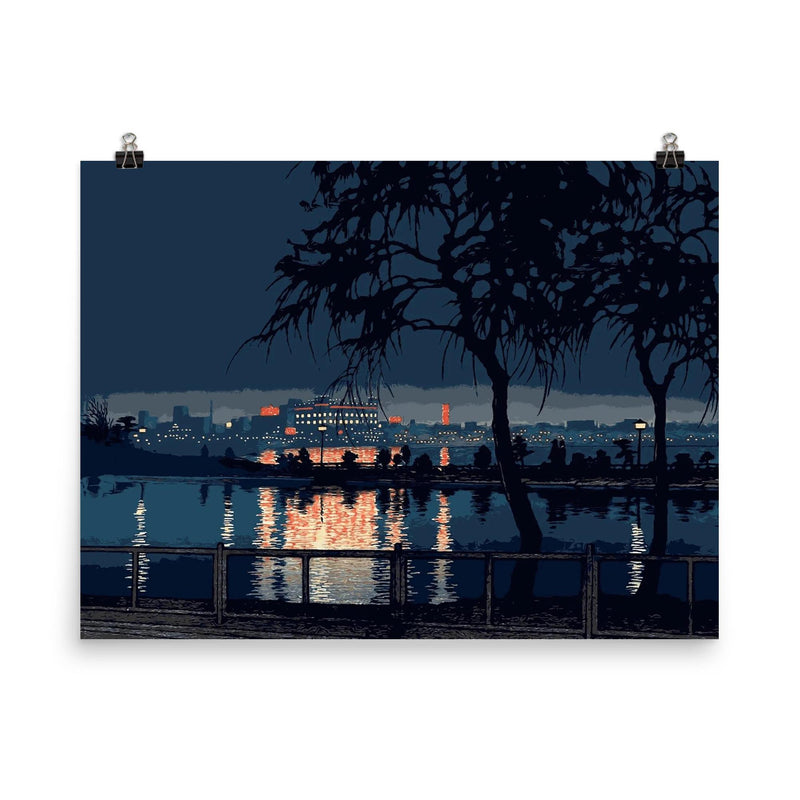 Shinobazu Pond at Night by Kawase Hasui, 1932 poster on a plain backdrop in size 8