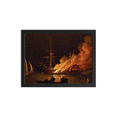 Ship on Fire at Night by Charles Brooking, c. 1756 framed print on a plain backdrop in size 12"x16".