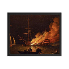 Ship on Fire at Night by Charles Brooking, c. 1756 framed print on a plain backdrop in size 16"x20".